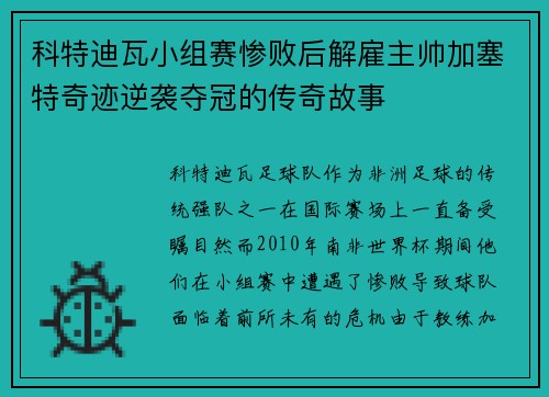 科特迪瓦小组赛惨败后解雇主帅加塞特奇迹逆袭夺冠的传奇故事